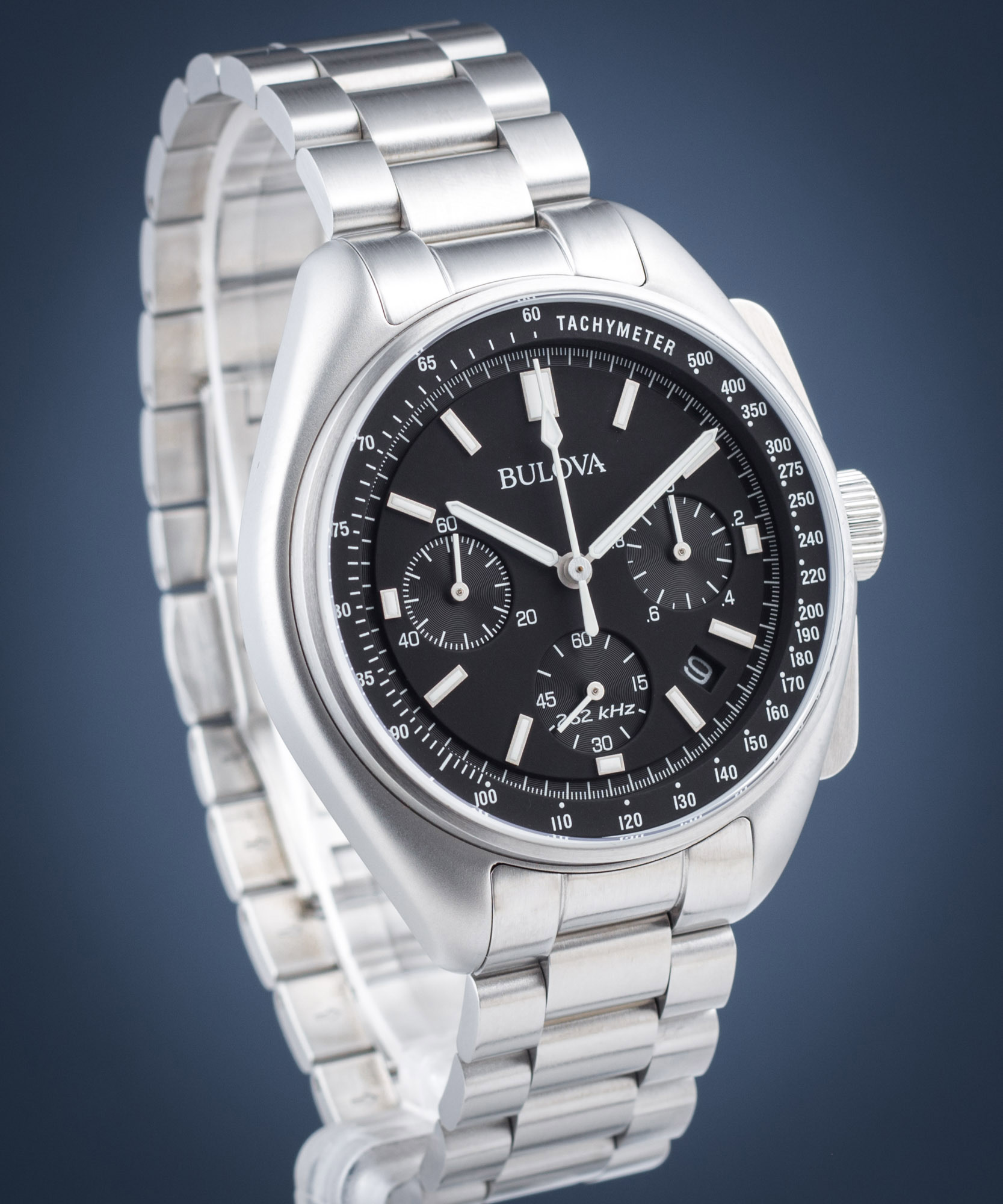 Bulova Lunar Pilot chronograph 96B258 with black dial, three subdials and tachymeter bezel