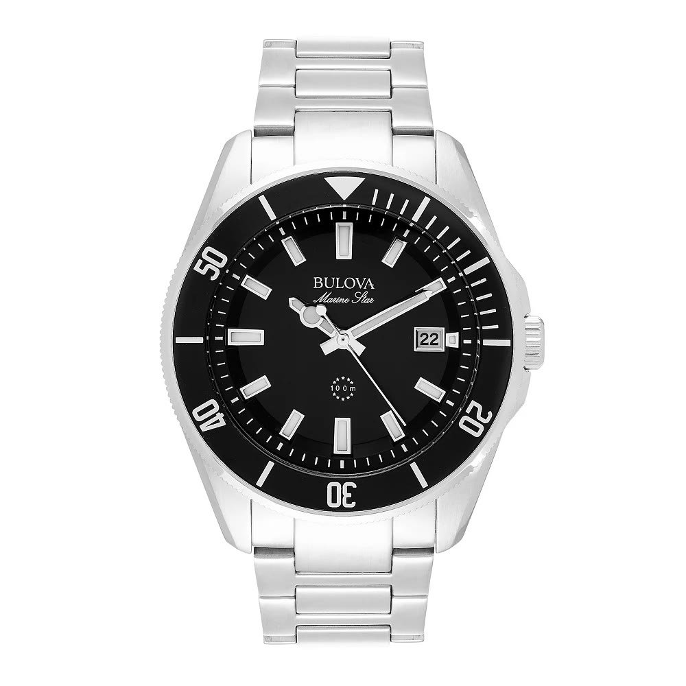 Bulova Marine Star 98B203 dive style watch with black dial and rotating bezel