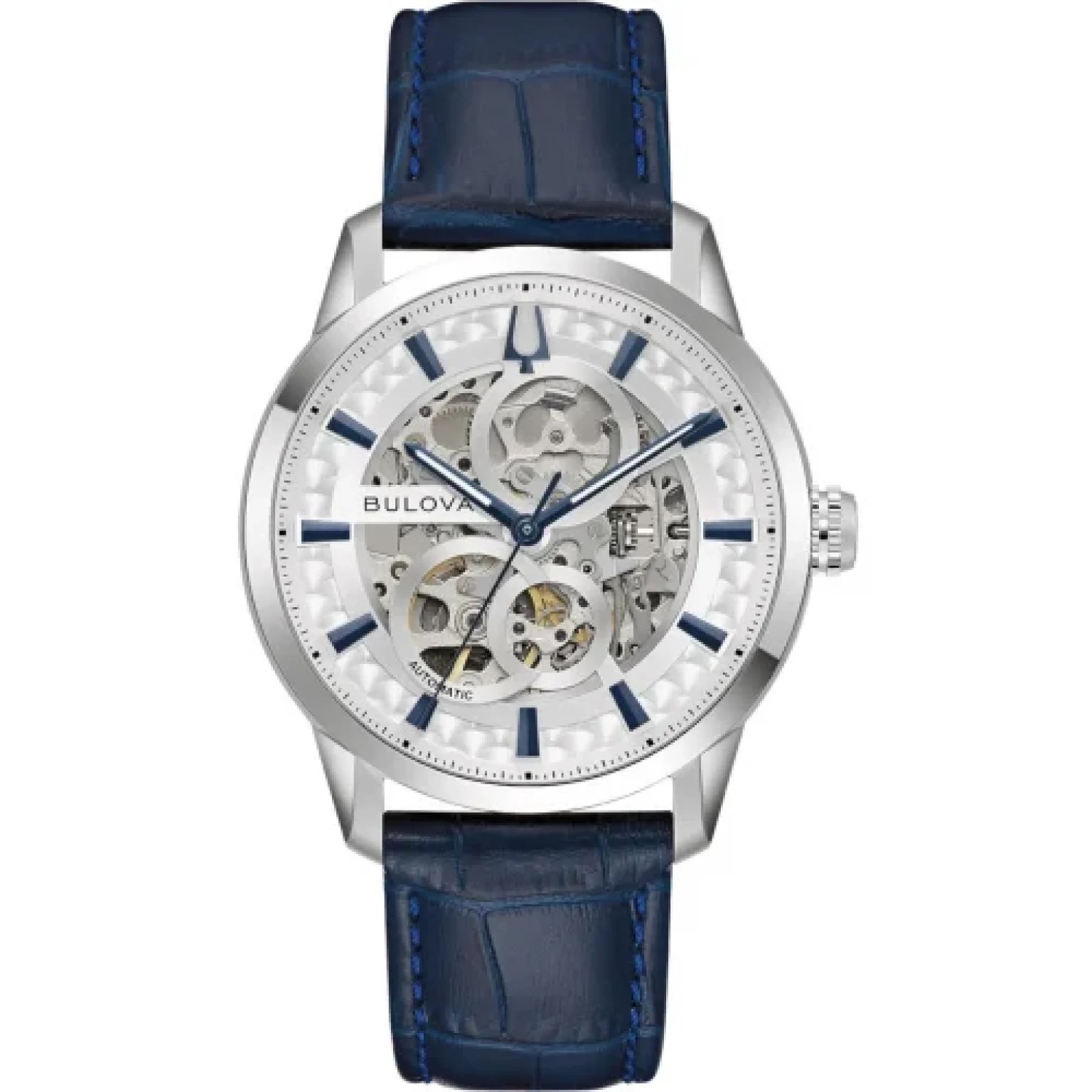 Bulova Sutton automatic skeleton with visible movement and blue leather strap