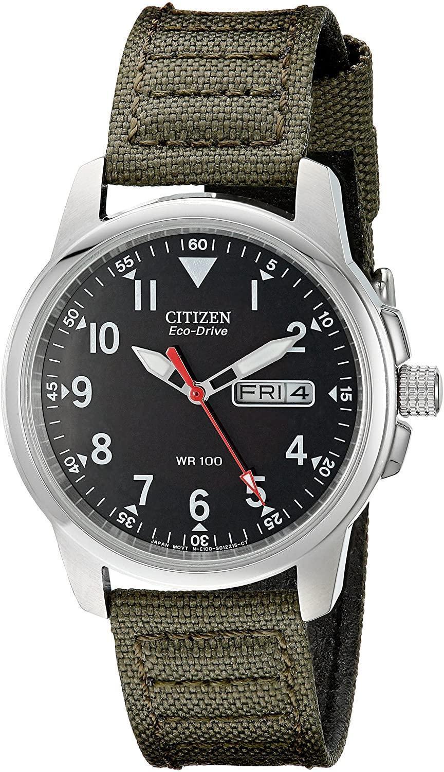Citizen Eco-Drive Field BM8180 with black dial and green canvas strap
