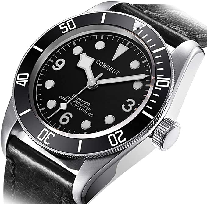 Corgeut Black Bay homage diver with snowflake hands, 3, 6 and 9 dial and black leather strap