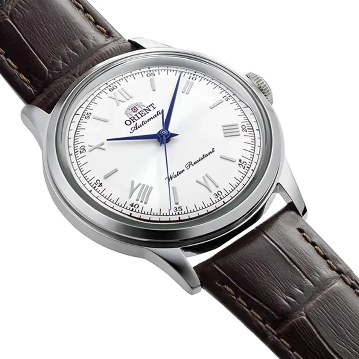 Orient Bambino 38 automatic dress watch with white domed dial and brown leather strap