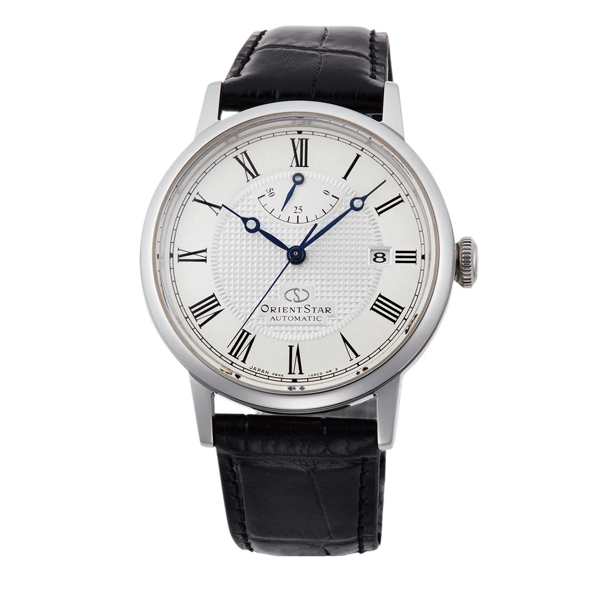 Orient Star Classic with white guilloche dial and power reserve indicator