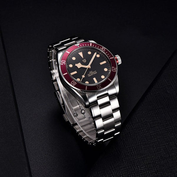 Pagani Design PD-1671 Black Bay homage with burgundy bezel, gilt dial and snowflake hands on a steel bracelet