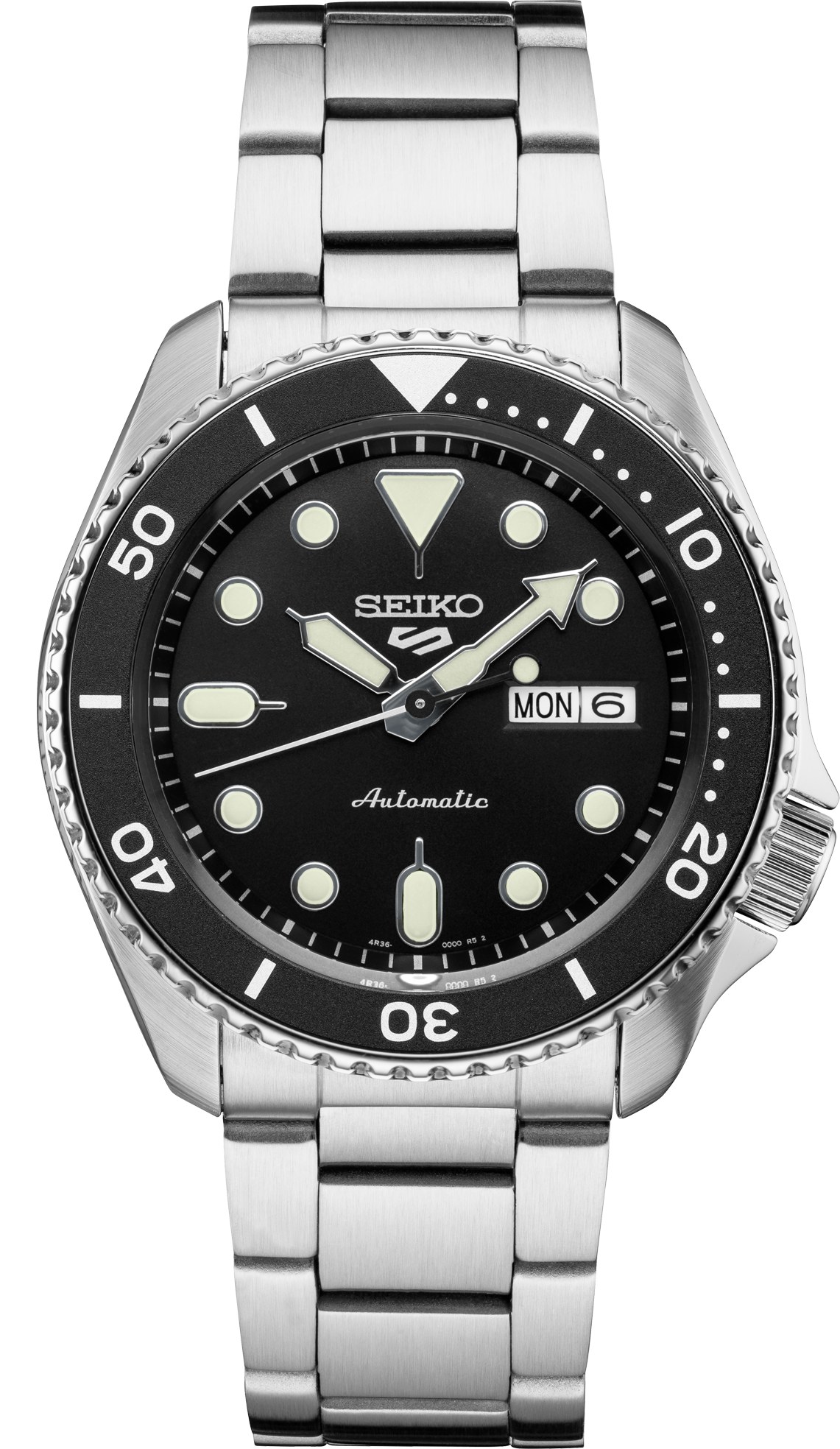 Seiko 5 Sports SRPD55 with black dial and day date window