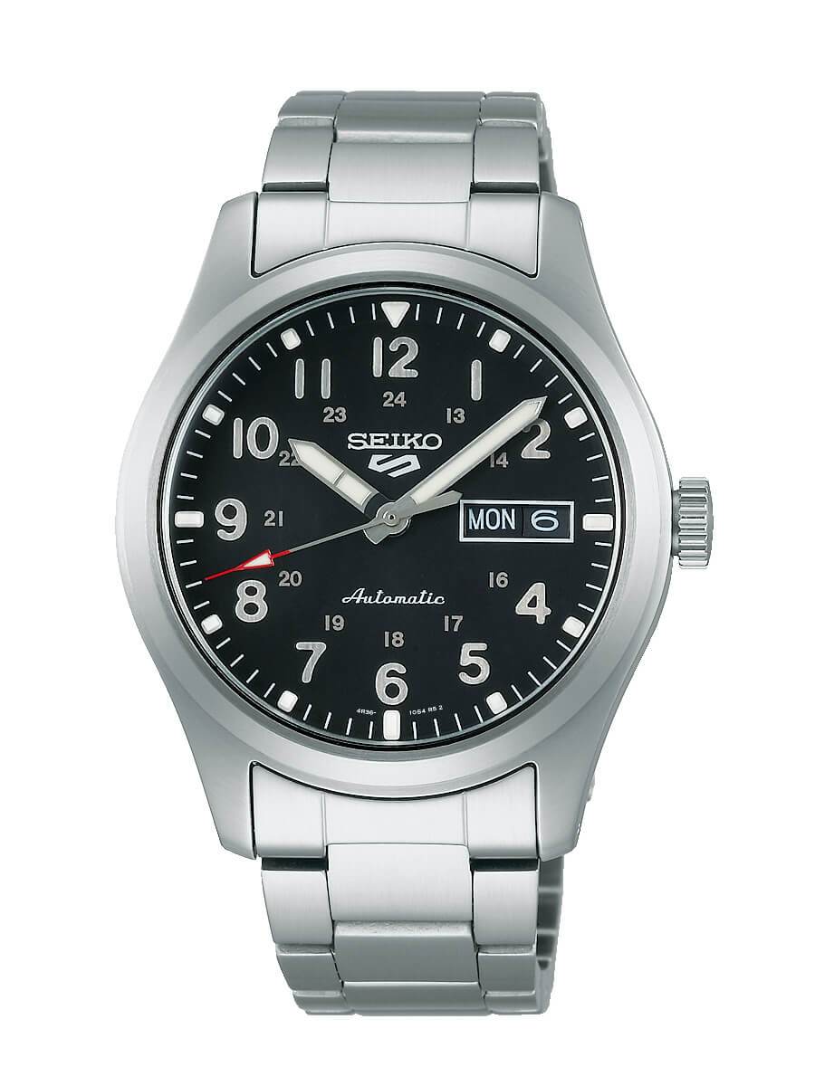 Seiko 5 Sports Field SRPG27 with black dial and day date window