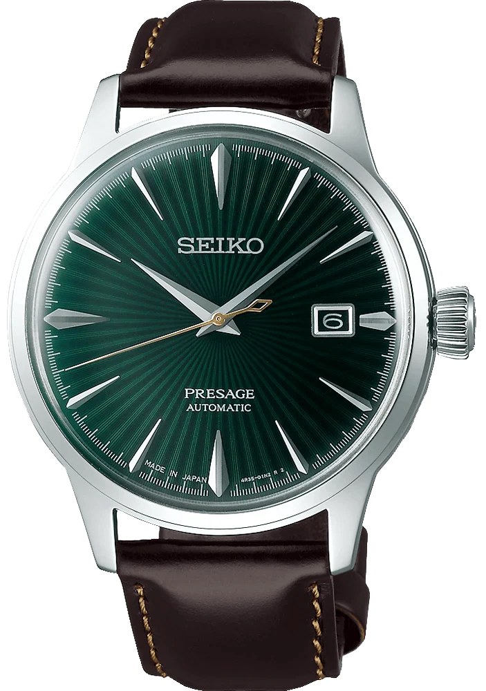Seiko Presage Cocktail Time with deep green sunburst dial and brown leather strap