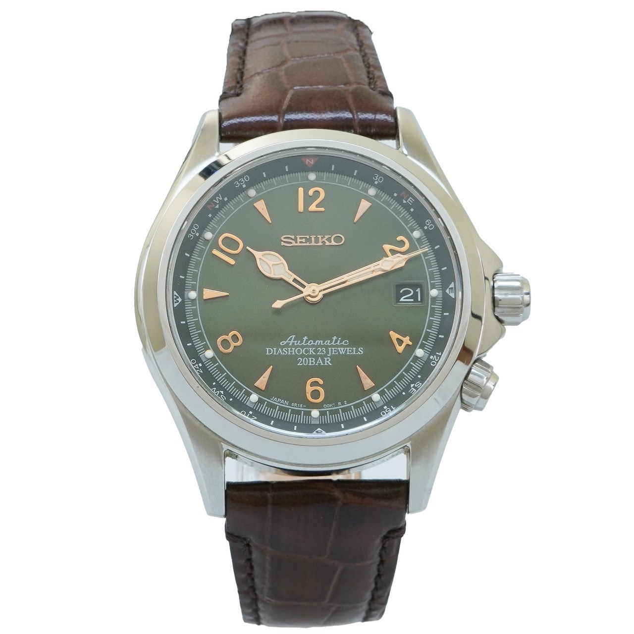Seiko SARB017 Alpinist with green dial, gold markers and internal compass bezel