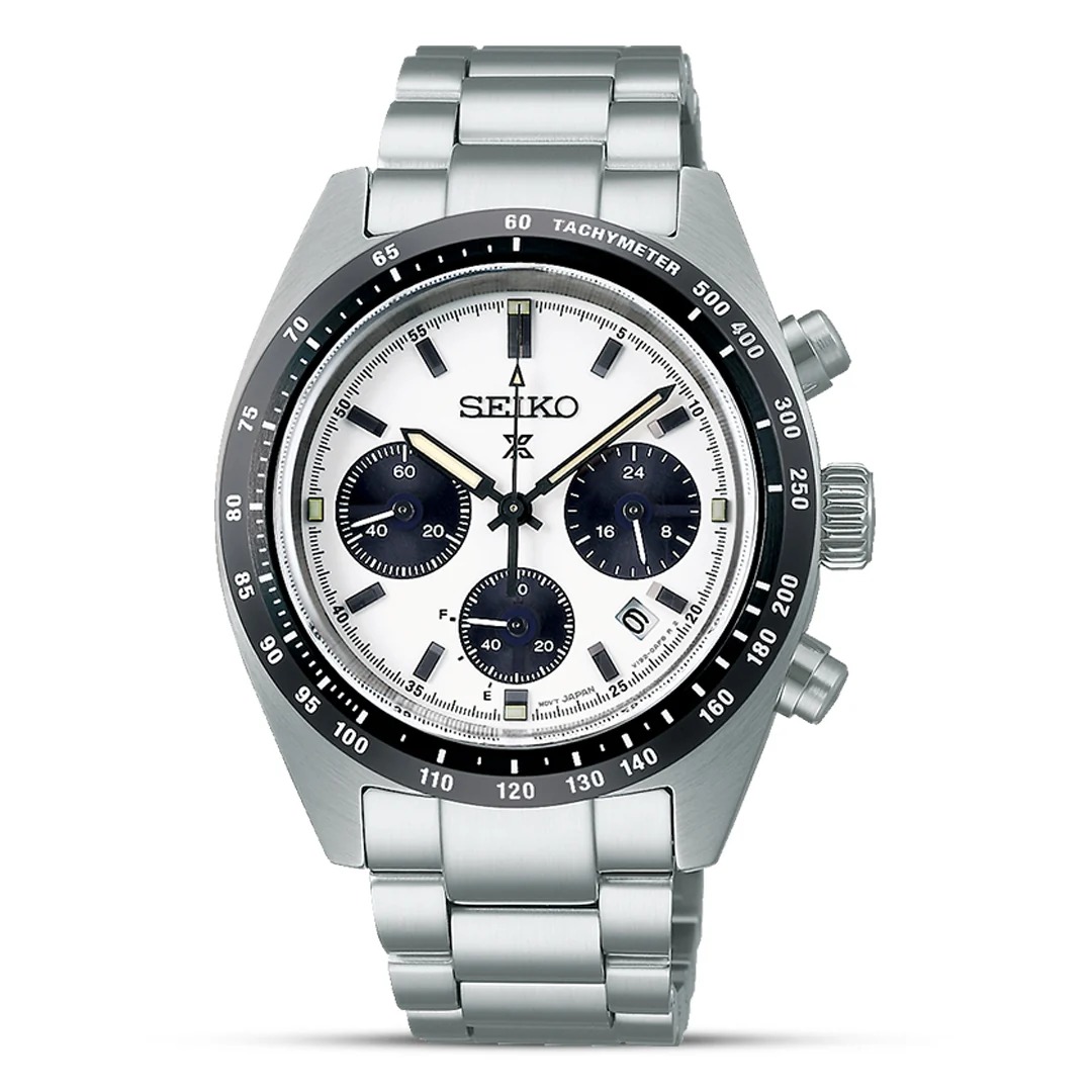 Seiko SSC813 Speedtimer solar chronograph with white panda dial and black bezel
