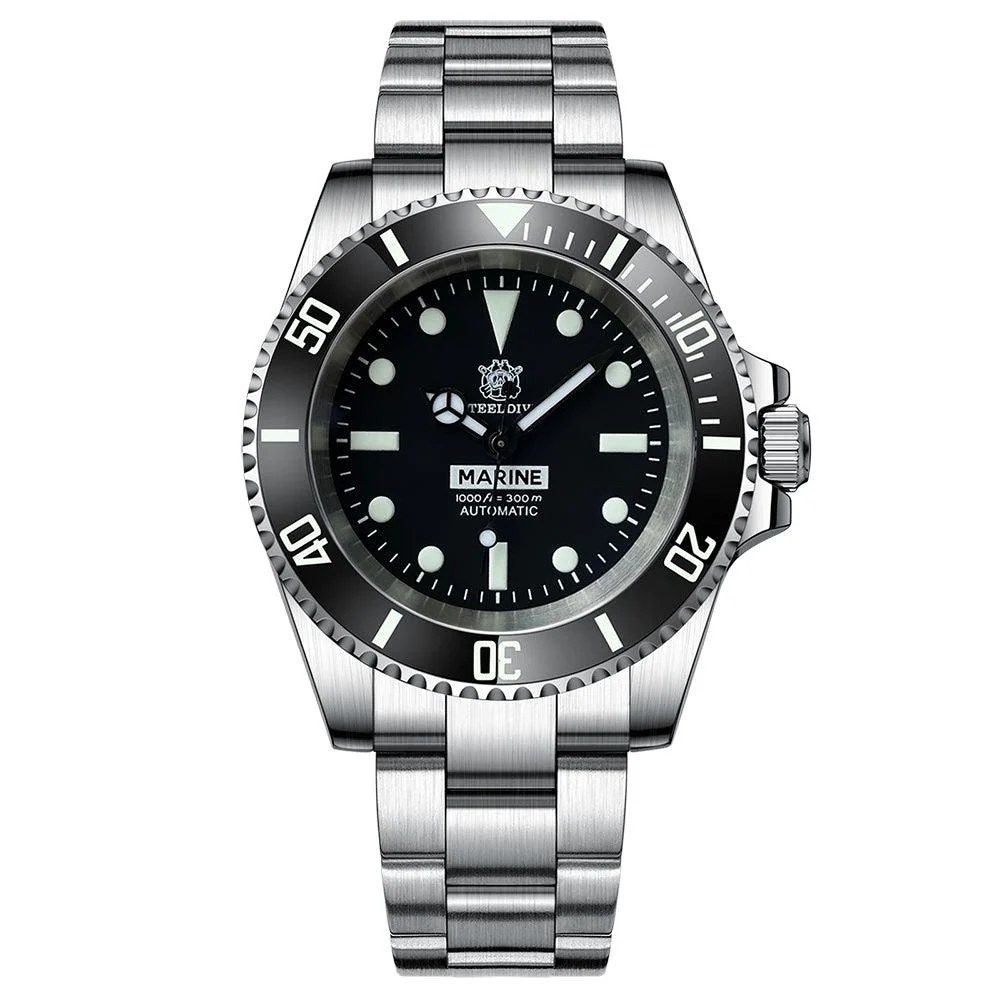 SteelDive SD1954 automatic dive watch with black bezel and Mercedes hour hand