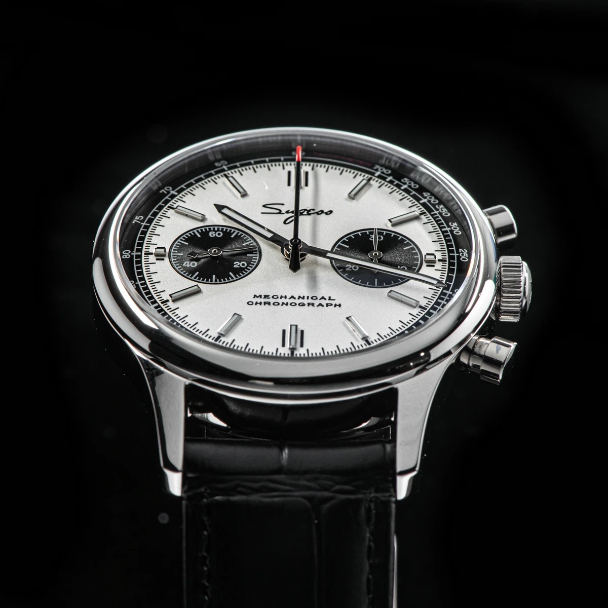Sugess Panda mechanical chronograph with silver white panda dial