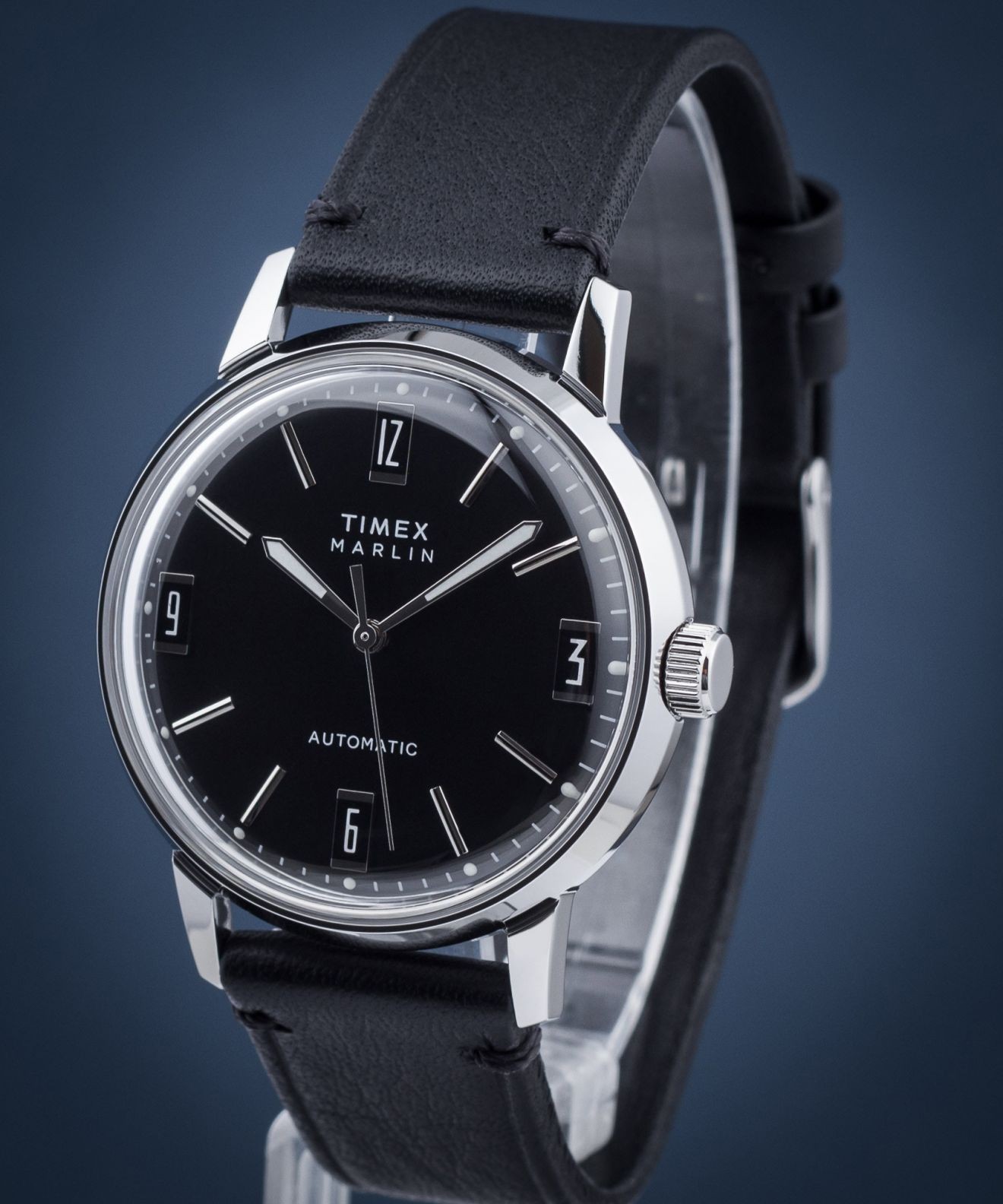 Timex Marlin Automatic reissue with glossy black dial and leather strap