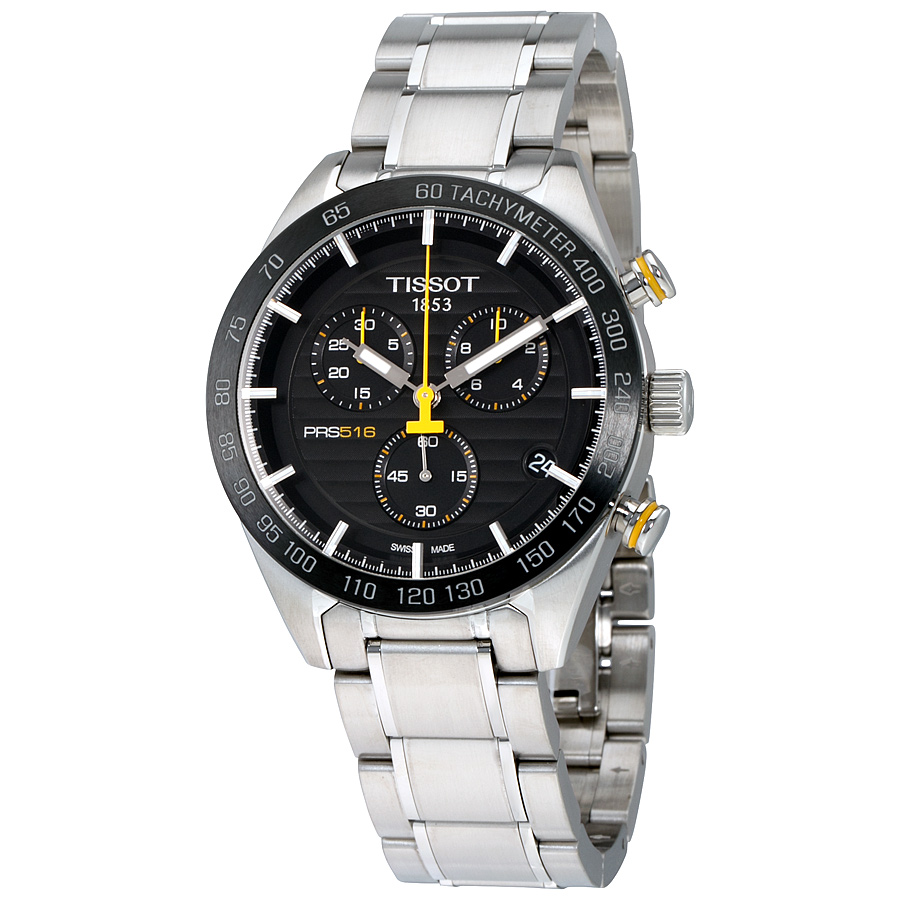 Tissot PRS 516 chronograph with black dial and steel bracelet