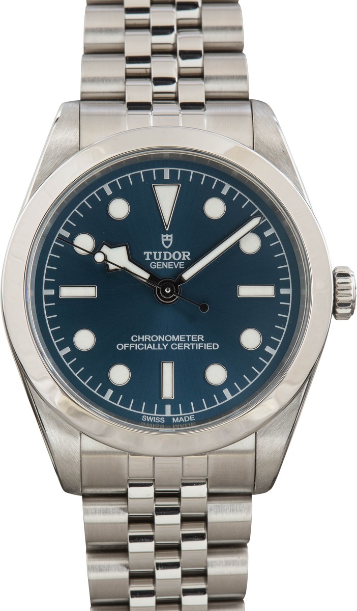 Tudor Black Bay 36 reference 79640 with blue sunray dial, snowflake hour hand and five link bracelet